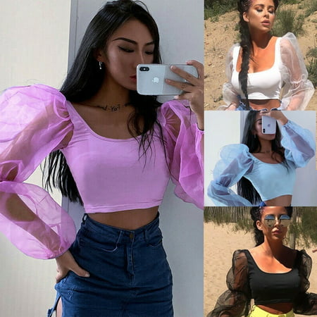 UK Women Cropped Tops Sheer Tee Casual T-shirts Mesh Puff Sleeve Blouse Slim Fit